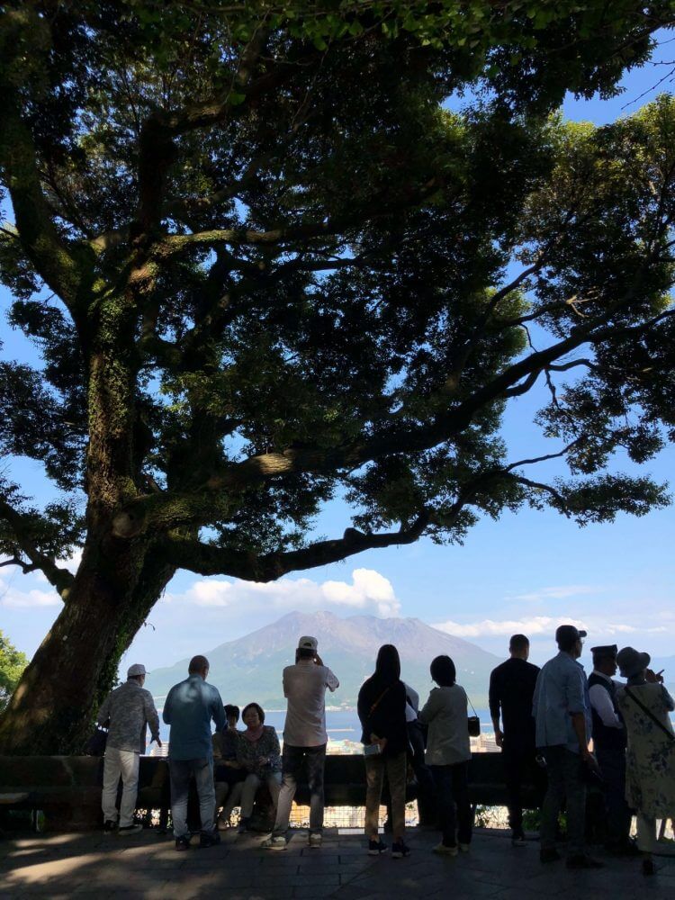 観光客と桜島と